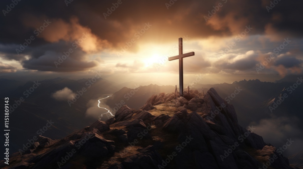 A dramatic cross on a high mountain peak, the sunlight bursting through a cloudy sky, casting a divine glow over the landscape A dramatic cross on a high mountain peak, the sunlight bursting through a cloudy sky, casting a divine glow over the landscape