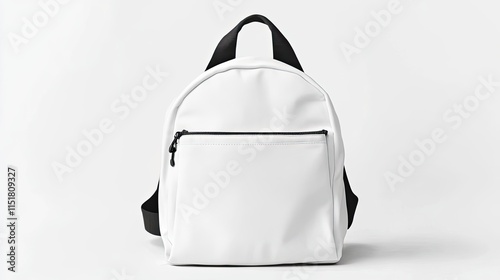 White backpack with elegant design elements, positioned on a spotless white backdrop.