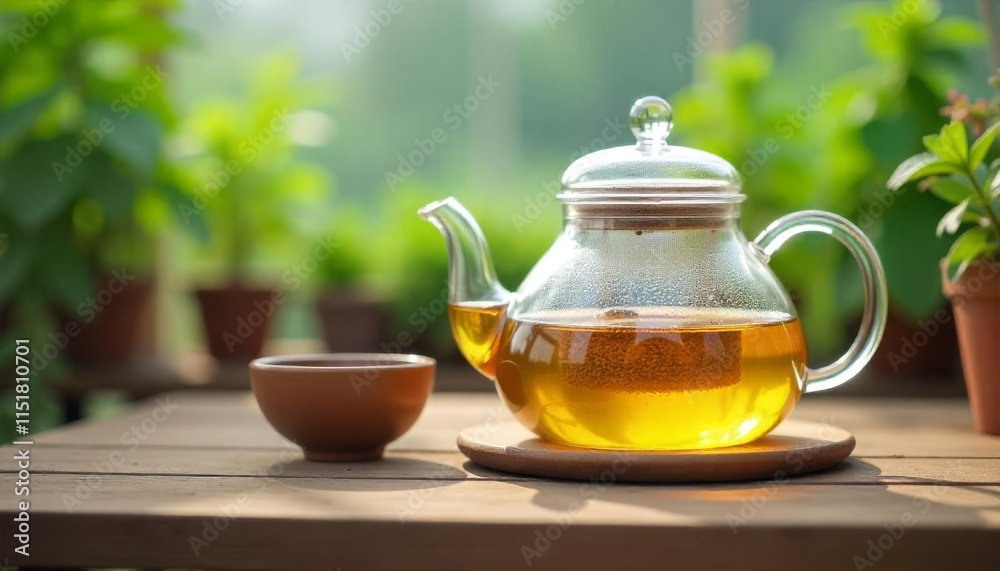Refreshing Herbal Tea in Glass Teapot Outdoor Setting Refreshing Herbal Tea in Glass Teapot Outdoor Setting