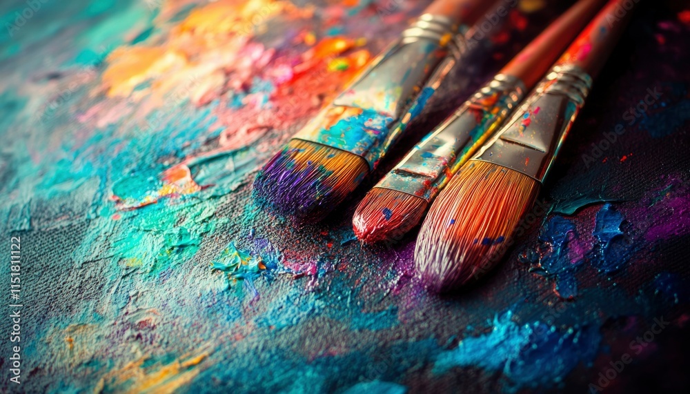 Fototapeta premium Paintbrushes Resting on a Vibrant Colorful Palette