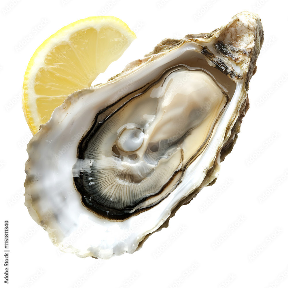 Naklejka premium Freshly Shucked Oyster with Lemon Slice on Natural Shell