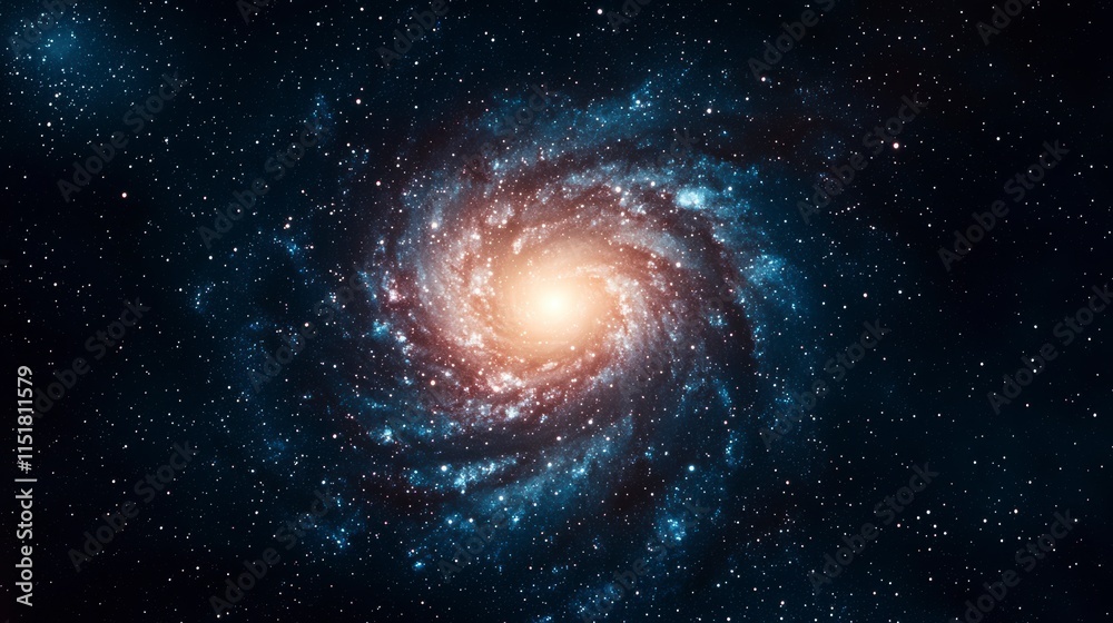 Obraz premium Majestic Spiral Galaxy in Deep Space with Vibrant Swirls of Cosmic Dust and Glittering Stars Against a Vast Black Universe Background
