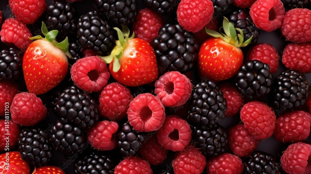 A dynamic arrangement of berries, such as raspberries, blackberries, and strawberries, forming a colorful pattern on a white background, symbolizing health and vitality