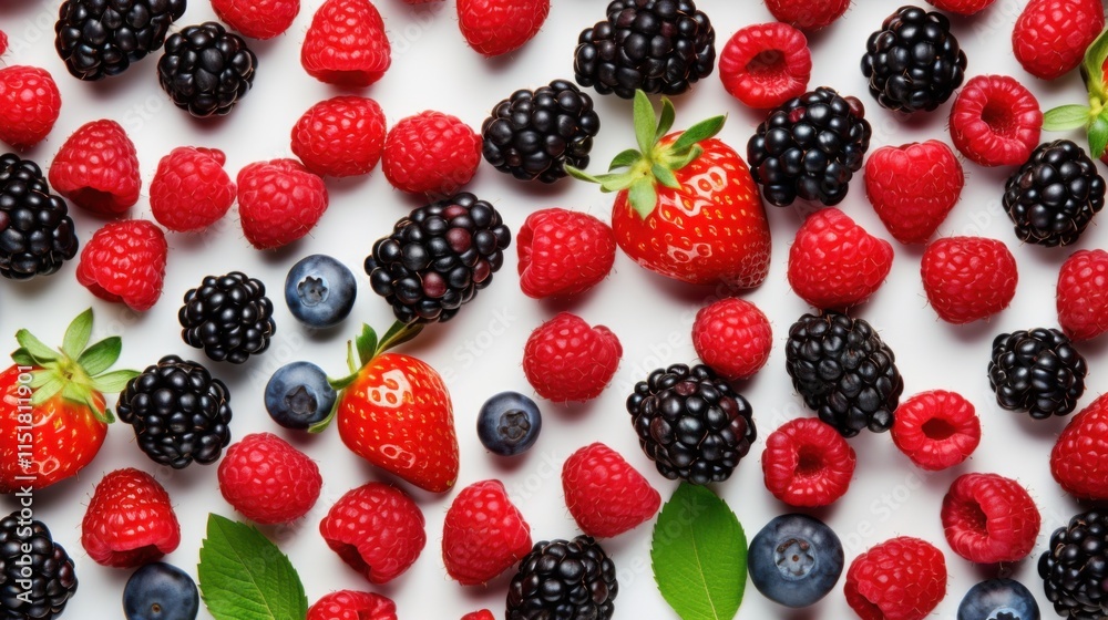 A dynamic arrangement of berries, such as raspberries, blackberries, and strawberries, forming a colorful pattern on a white background, symbolizing health and vitality A dynamic arrangement of berries, such as raspberries, blackberries, and strawberries, forming a colorful pattern on a white background, symbolizing health and vitality