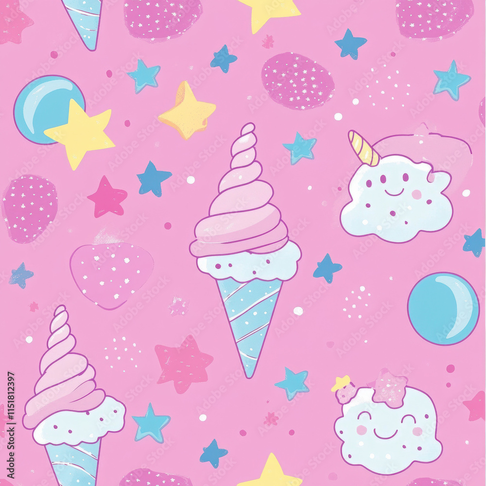 Cute Pink Pastel Pattern with Ice Cream and Stars Cute Pink Pastel Pattern with Ice Cream and Stars