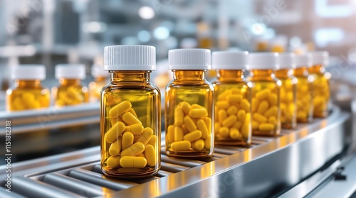 Pharmaceutical Production Line with Yellow Capsules in Amber Bottles