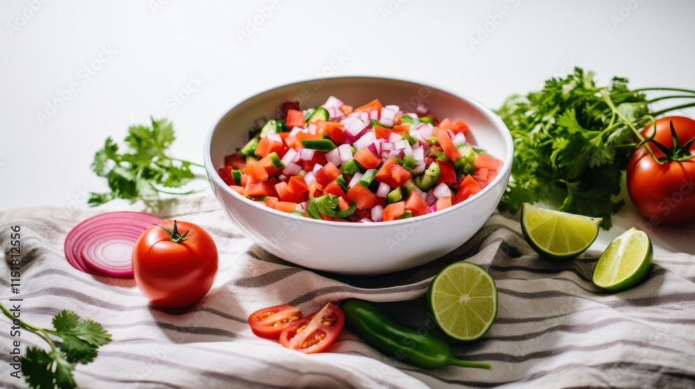 A dynamic flat-lay shot of pico de gallo in a small bowl, surrounded by fresh ingredients like tomatoes, onions, and limes, arranged on a pristine white canvas A dynamic flat-lay shot of pico de gallo in a small bowl, surrounded by fresh ingredients like tomatoes, onions, and limes, arranged on a pristine white canvas