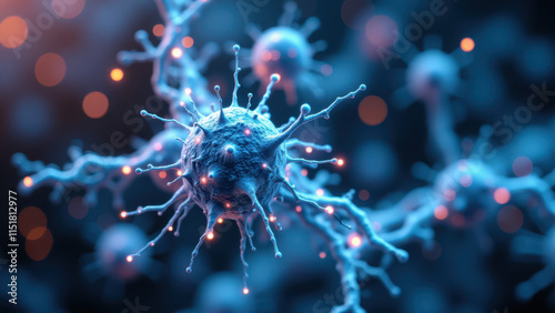 Close-up view of a neuron with synapses against a blurred background. photo