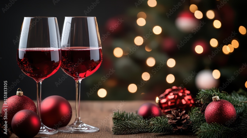 Christmas Cheer with Wine: Two glasses of red wine stand side-by-side on a rustic wooden table, adorned with festive Christmas ornaments and a twinkling Christmas tree in the background. Christmas Cheer with Wine: Two glasses of red wine stand side-by-side on a rustic wooden table, adorned with festive Christmas ornaments and a twinkling Christmas tree in the background.