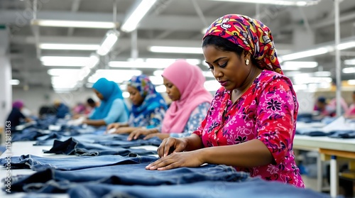 Women Workers in Textile Factories in Bangladesh and India Sewing Denim Jeans in a Sweatshop Setting