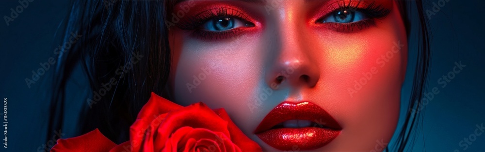 Obraz premium Conceptual portrait with bold red rose aesthetics