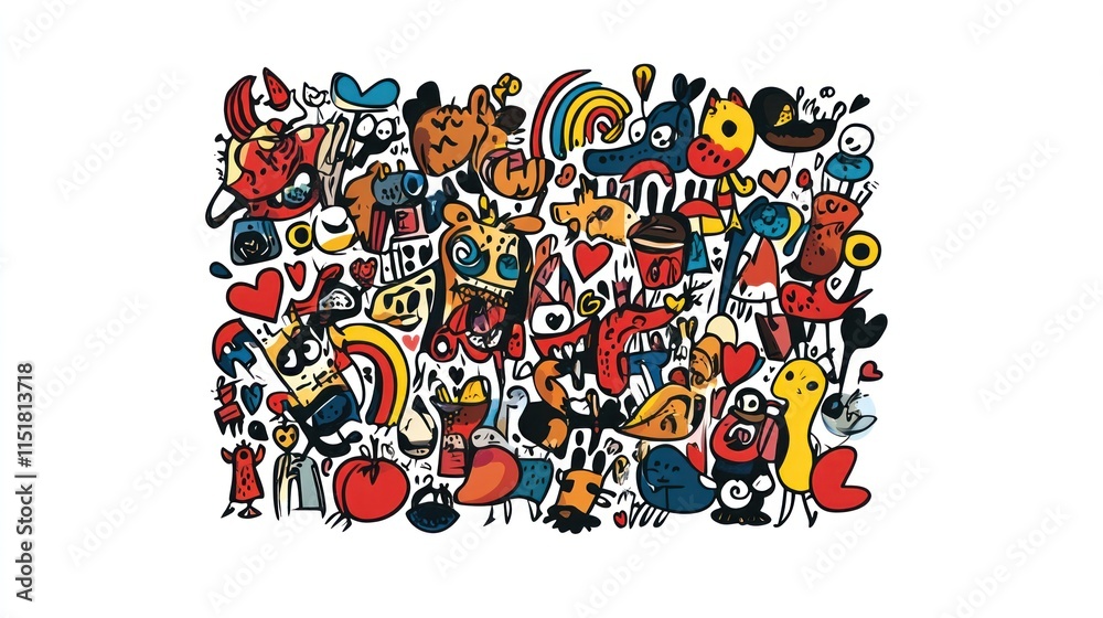 Fototapeta premium Whimsical Doodle Wonderland: A vibrant explosion of colorful characters and playful designs.