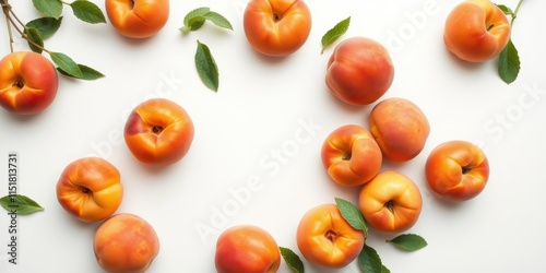 A Delightful Arrangement of Ripe Peaches and Fresh Mint Leaves on a Pristine White Background
