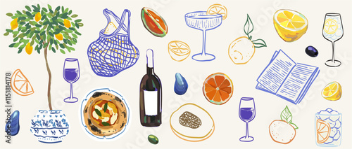 Italian style vacation hand drawn vector illustrations in mixed media collage style with doodle sketch elements. Lemons, wine and pizza vacation in dolce vita style. Oil drawings for poster, placard.