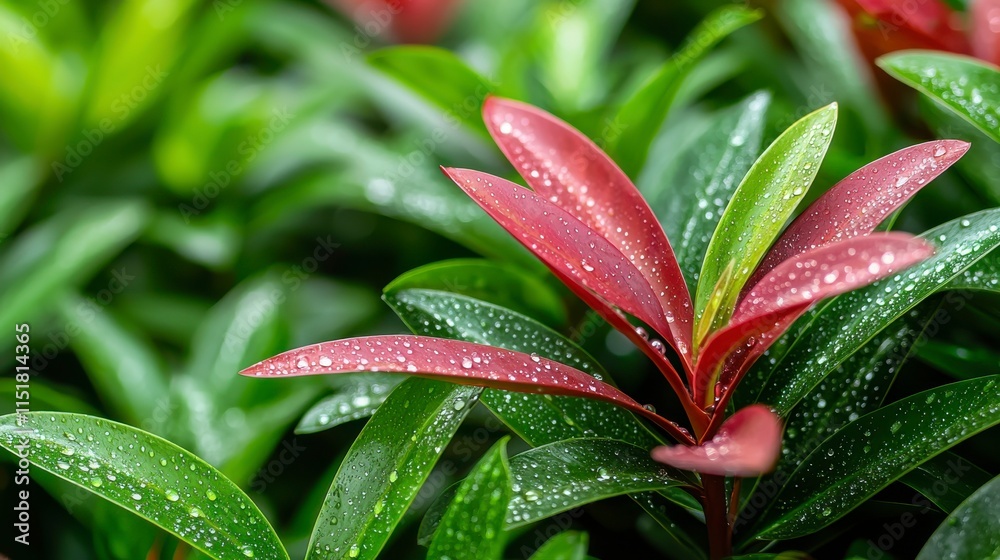 Lush Green Leaves with Red Tips Covered in Water Droplets Creating a Fresh and Vibrant Nature Background for Eco-Friendly Themes Lush Green Leaves with Red Tips Covered in Water Droplets Creating a Fresh and Vibrant Nature Background for Eco-Friendly Themes
