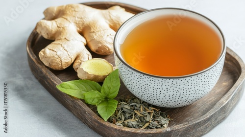 Freshly Brewed Ginger Tea in a Bowl with Slices of Ginger, Green Tea Leaves, and a Touch of Mint on a Wooden Tray photo