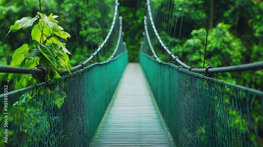 Fototapeta premium Serene Suspension Bridge Surrounded by Lush Greenery in a Jungle Environment, Inviting Exploration and Adventure Amidst Nature's Beauty