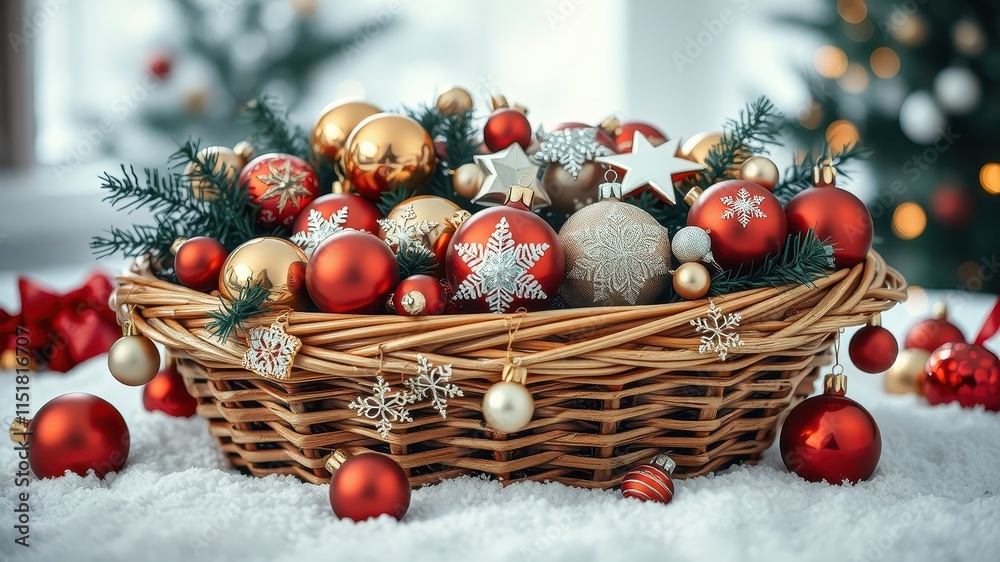 A Festive Basket Overflowing with Sparkling Red and Gold Christmas Ornaments, Nestled in a Snowy Winter Scene A Festive Basket Overflowing with Sparkling Red and Gold Christmas Ornaments, Nestled in a Snowy Winter Scene