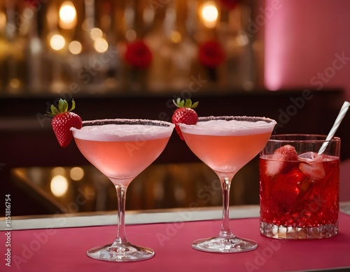 cocktail with lime champagne, and strawberry in the bar happy valentine's day wedding anniversary birthday party celebration concept