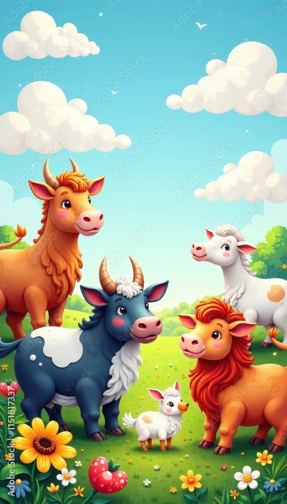 Naklejka premium colorful illustration of various farm animals , pigs, chickens