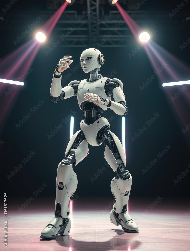 A sophisticated robot performs an energetic dance routine, illuminated by colorful lights, captivating an imagined audience with its precise movements and rhythm A sophisticated robot performs an energetic dance routine, illuminated by colorful lights, captivating an imagined audience with its precise movements and rhythm