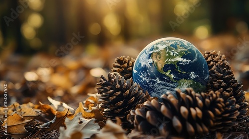 Earth Globe Nestled in Spiral of Pine Cones: Macro Focus on Continental Detail and Forest Textures, Enhanced by Dappled Sunlight and Professional Composition. photo