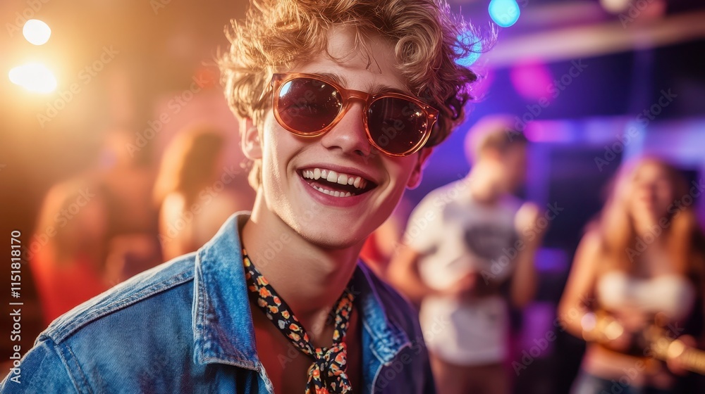 Young Man Smiling at Vibrant Party Scene