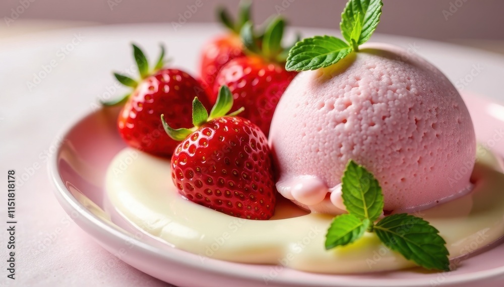 Fresh strawberries and mint on a bed of white chocolate, next to a scoop of frozen strawberry ice cream, white chocolate, ice cream, fresh strawberry Fresh strawberries and mint on a bed of white chocolate, next to a scoop of frozen strawberry ice cream, white chocolate, ice cream, fresh strawberry