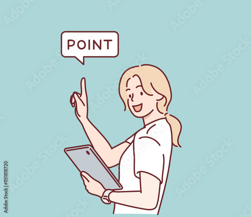 The businesswoman is holding an iPad and pointing at a highlighted speech bubble. Hand drawn style vector design illustrations.