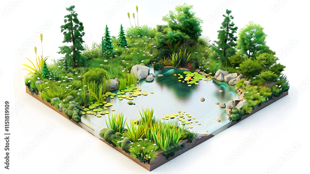 Fototapeta premium Swamp landscape isometric Cartoon 3D