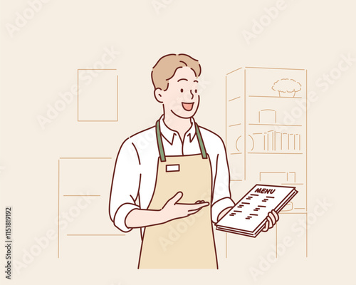 The clerk is holding the menu and giving recommendations at the cafe. Hand drawn style vector design illustrations.