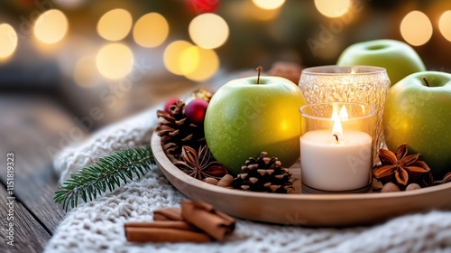 Rustic tray with green apples, pinecones, candles, and festive spices on a wooden table with soft bokeh lights. photo