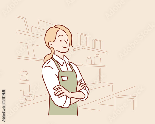 The clerk is waiting for the customer in the store. Hand drawn style vector design illustrations.