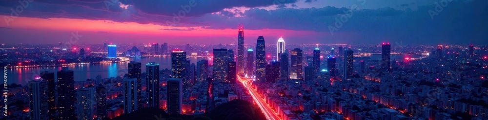 Fototapeta premium Neon-lit cityscape at dusk with vibrant colored lights, glowing, urban jungle, night scene