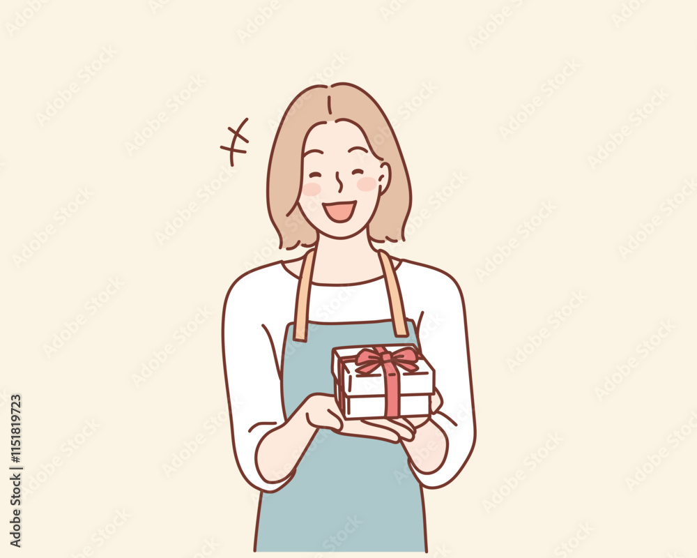 The clerk hands over the wrapped gift. Hand drawn style vector design illustrations. The clerk hands over the wrapped gift. Hand drawn style vector design illustrations.