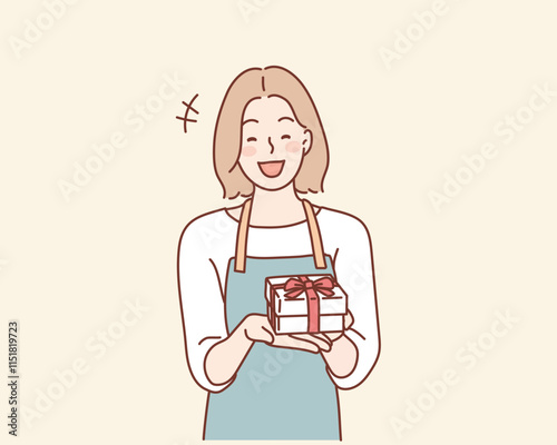 The clerk hands over the wrapped gift. Hand drawn style vector design illustrations.