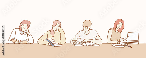 People reading books and study. 
 Hand drawn style vector design illustrations.