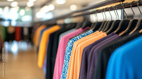 Displaying modern workout clothes in vibrant colors and patterns on hangers, creating an appealing retail shopping experience photo