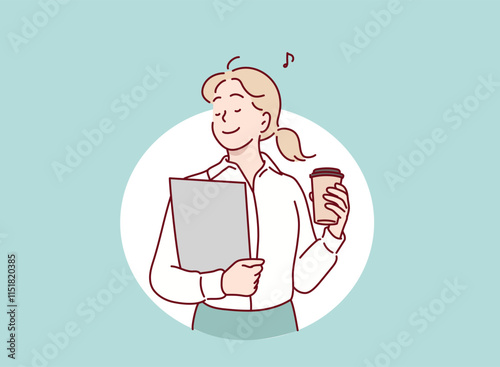 A woman happily heading to work while holding a takeout coffee. Hand drawn style vector design illustrations.