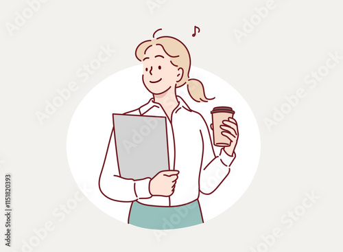 A woman happily heading to work while holding a takeout coffee. Hand drawn style vector design illustrations.
