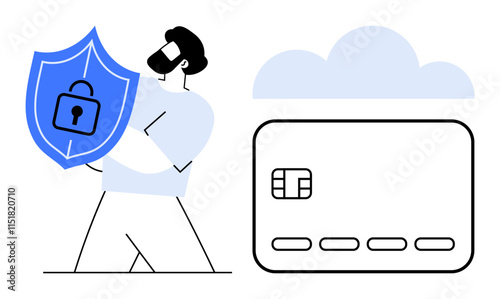 Man holding shield with lock in front of credit card and cloud. Ideal for cyber security, online protection, data safety, internet security, secure transactions, privacy protection, IT security. Line