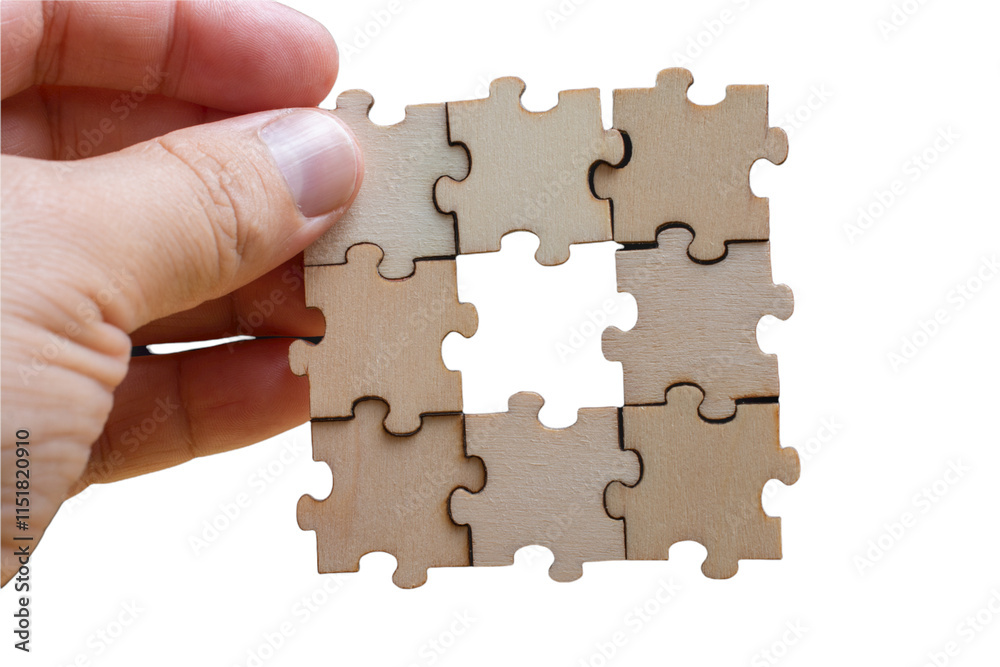 Wooden Puzzle pieces elements isolated on white background. Business solutions, target, success, goals and strategy concepts Wooden Puzzle pieces elements isolated on white background. Business solutions, target, success, goals and strategy concepts