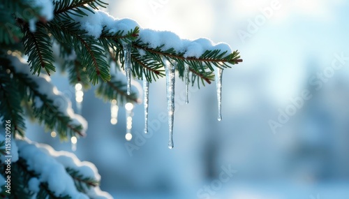 Sparkling icicles hanging from a frosty evergreen tree against a pale winter sky, sparkle, icicle, tree