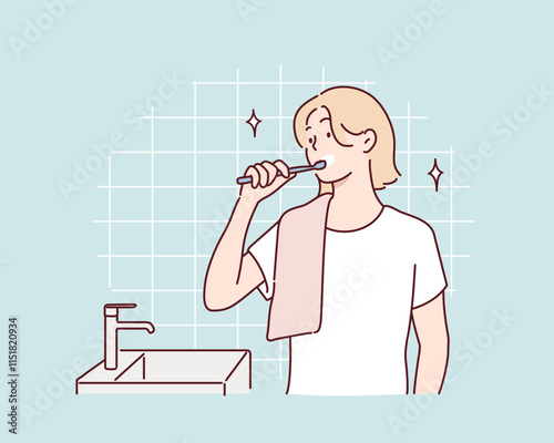 She is brushing her teeth in the bathroom. Hand drawn style vector design illustrations.