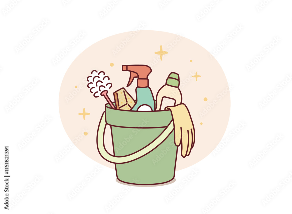 Set of items for general cleaning.Vector illustration of a bucket with household cleaning products. Hand drawn style vector design illustrations.