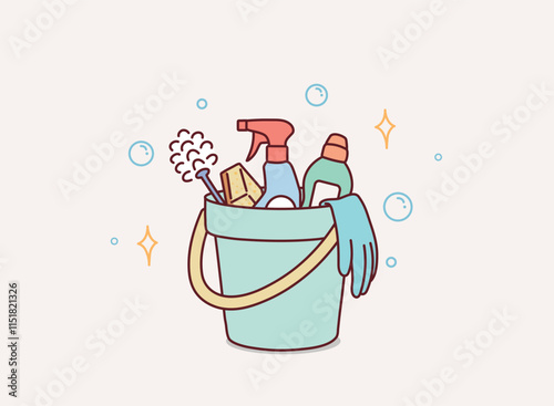Set of items for general cleaning.Vector illustration of a bucket with household cleaning products. Hand drawn style vector design illustrations.