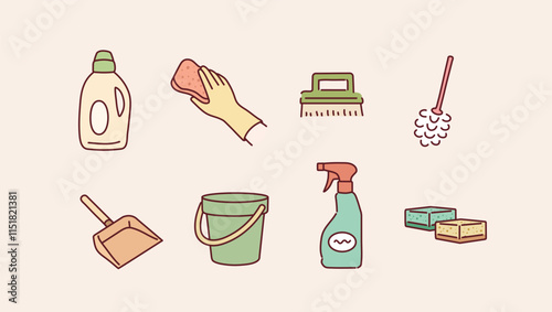 Bucket with cleaning supplies, bottles, spray, sponge, brush, gloves. Various Cleaning items. Housework concept. Hand drawn style vector design illustrations.
