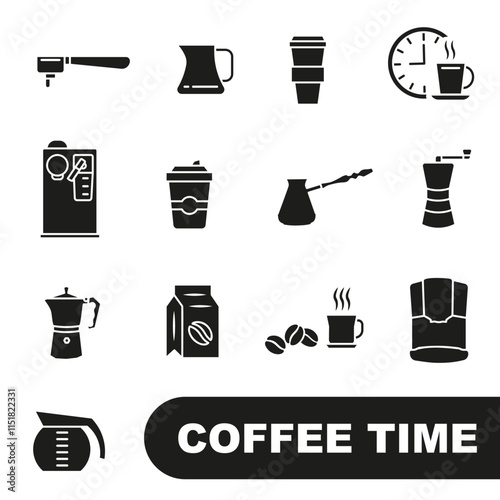 Coffee icon set. Everything for coffee. Time for coffee icons. Dark full coffee icons.