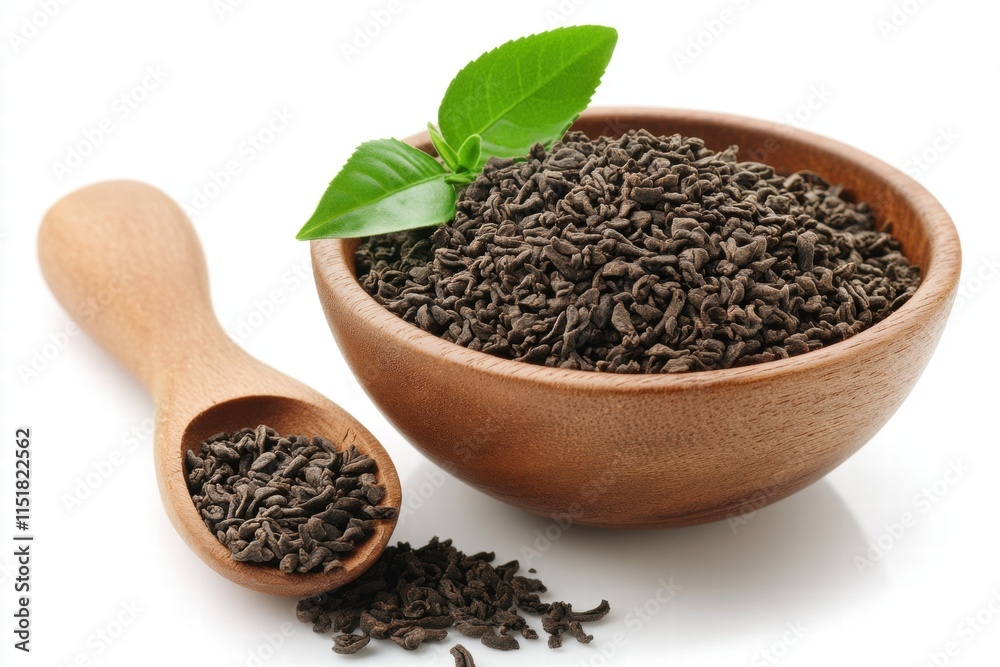 Loose Leaf Black Tea in Wooden Bowl and Spoon Loose Leaf Black Tea in Wooden Bowl and Spoon