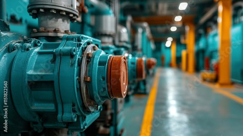 Industrial teal colored diesel engine powering a ship, showing the complexity and power of marine engineering